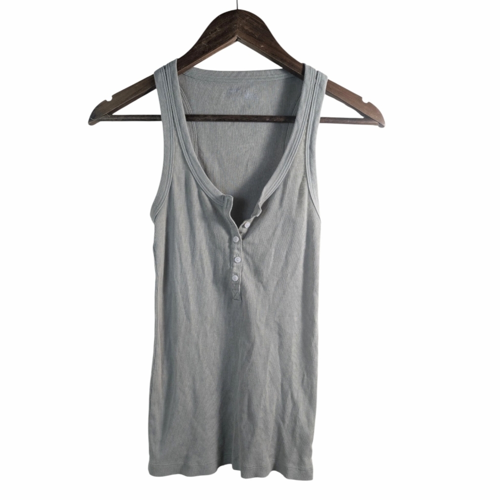 Aerie Light Sage Green Ribbed Henley Cotton Tank Top